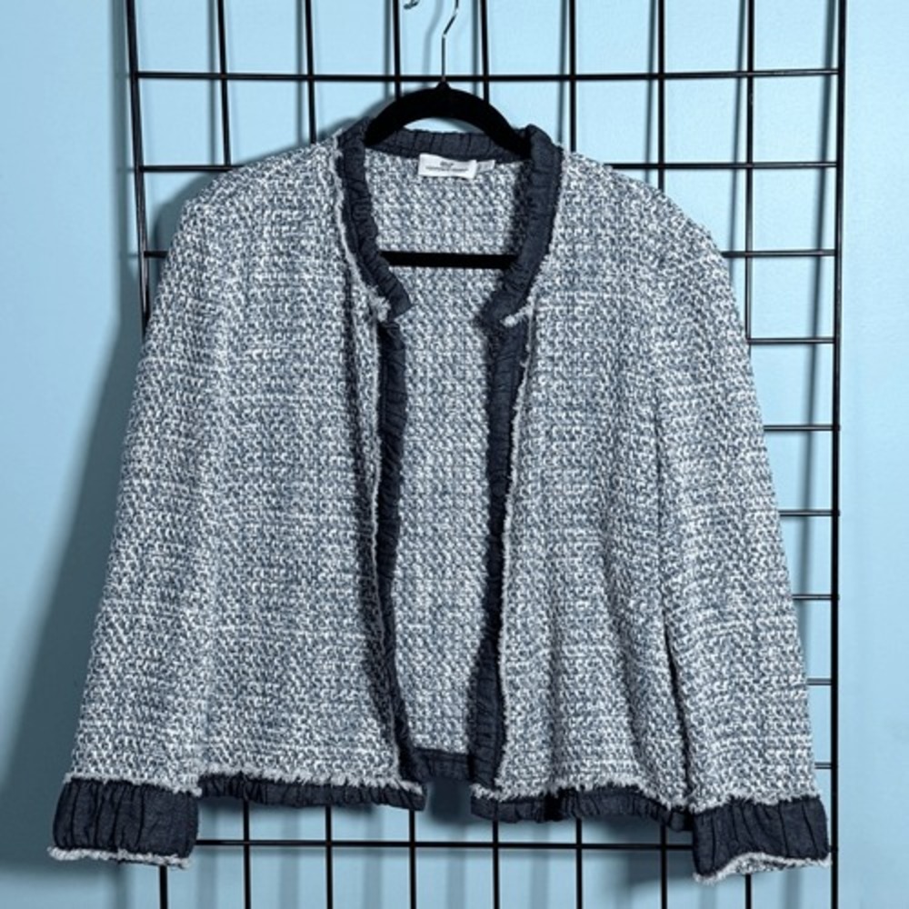 Vineyard Vines‎ Tweed Jacket Blazer Womens L Blue Fringe Trim Open Front Coastal